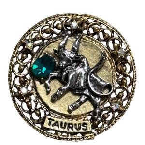 Vintage ART Taurus Zodiac Brooch Pin Gold Silver Tone Rhinestone Green Crystal